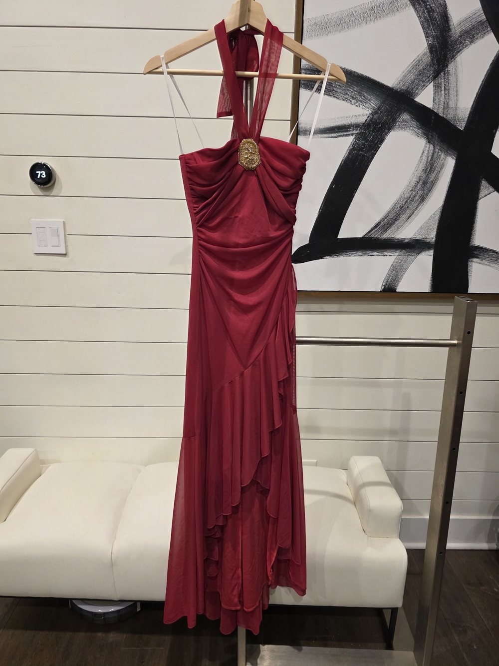 Red Halter Evening Gown with Gold Accent
